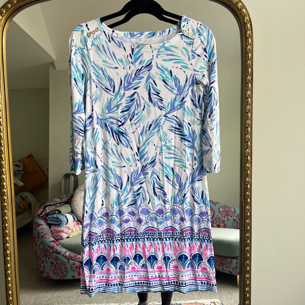 Lilly Pulitzer Blue and White Sheath Dress with 3/4 Sleeves